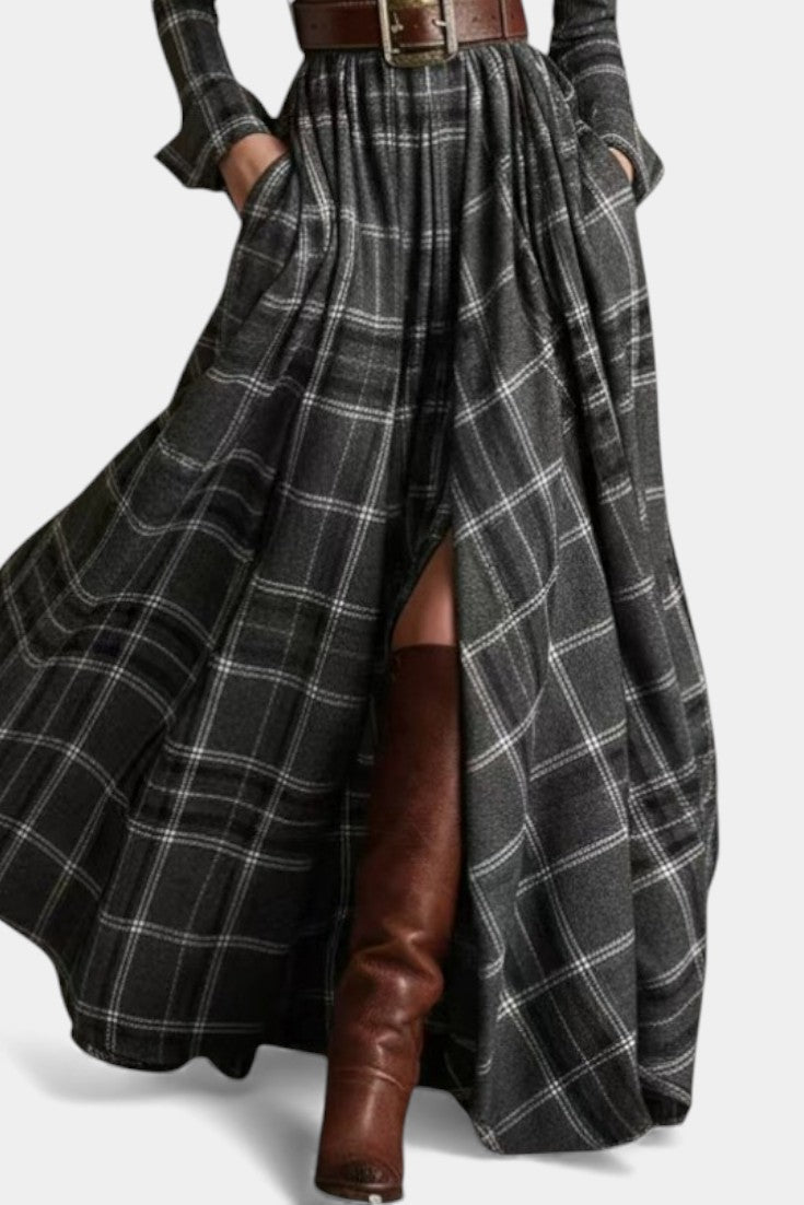 Eustelle Gray Checkered Maxi Dress Featuring a Chic Collar