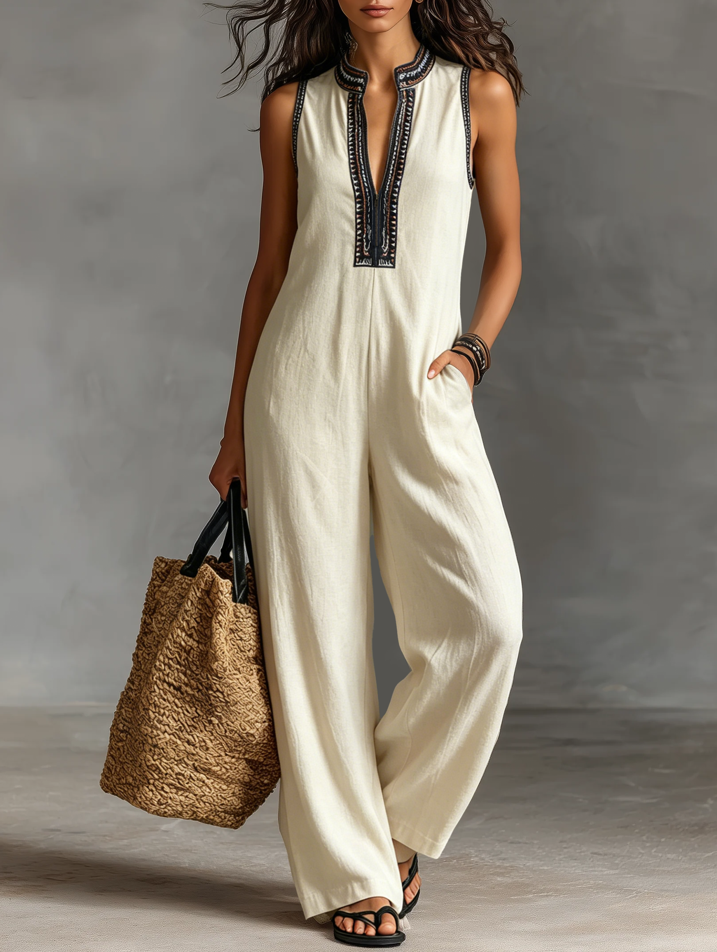 Sage | Embroidered Linen Sleeveless Jumpsuit
