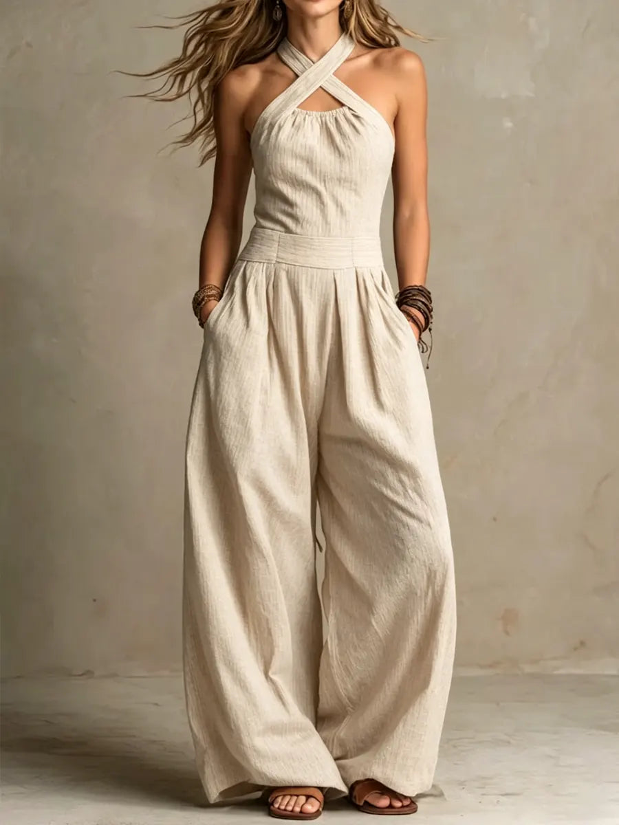 Wren | Crossover Halter Wide-Leg Jumpsuit