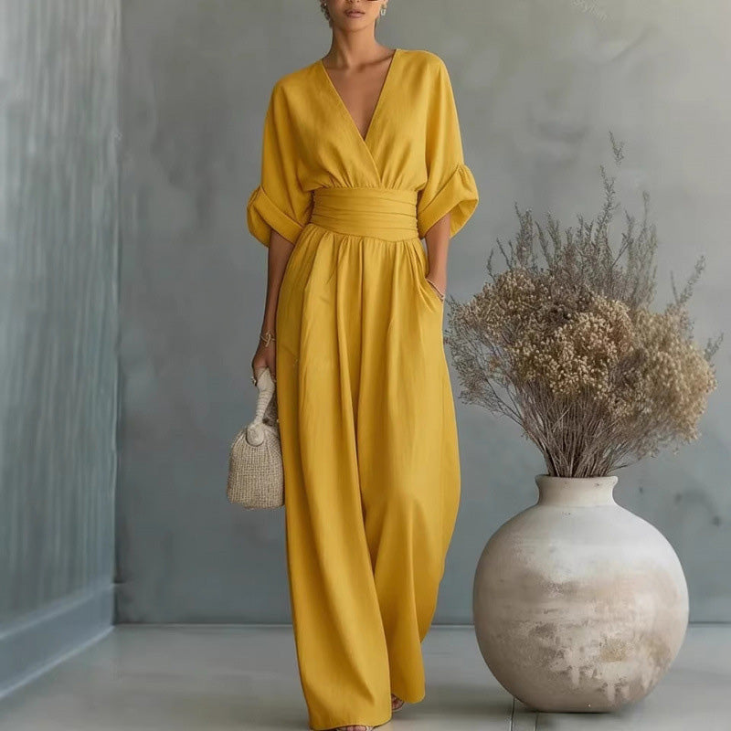 Iris | Wide-Leg V-Neck Belted Jumpsuit