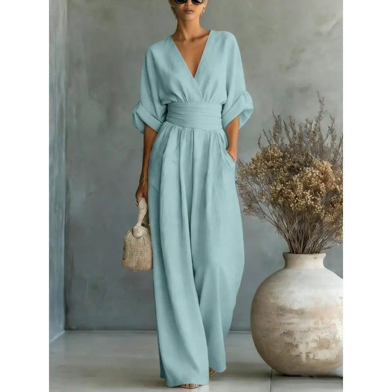 Iris | Wide-Leg V-Neck Belted Jumpsuit