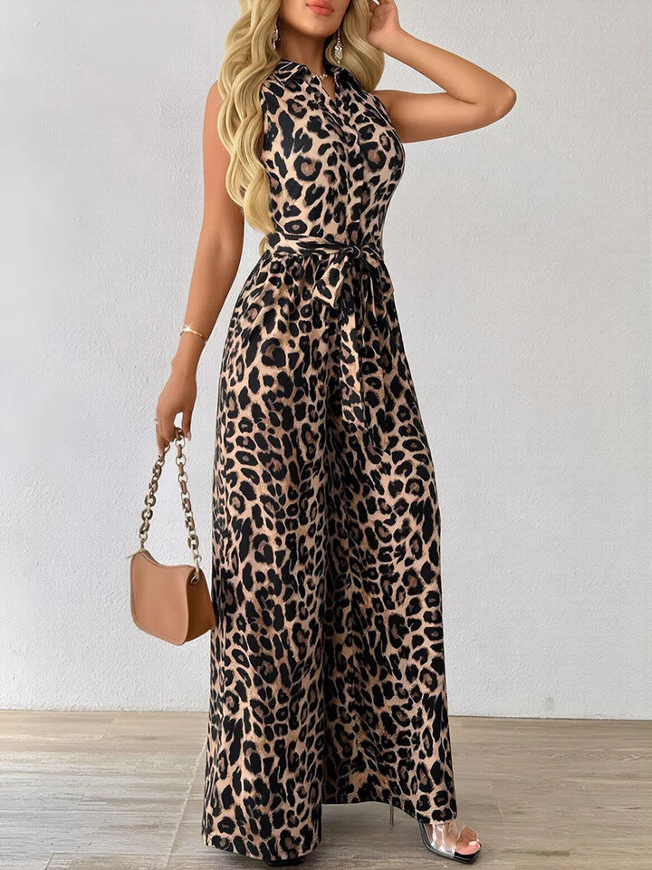 Roxanne | Leopard Print Tie-Waist Wide-Leg Jumpsuit